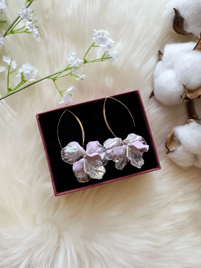 Iridescent petals earrings | frosted pink or blue golden hook flower earrings | bridal party wedding earrings - TuttyKnitty