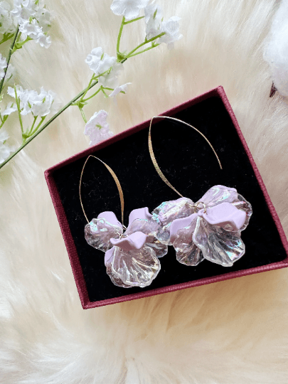 Iridescent petals earrings | frosted pink or blue golden hook flower earrings | bridal party wedding earrings - TuttyKnitty