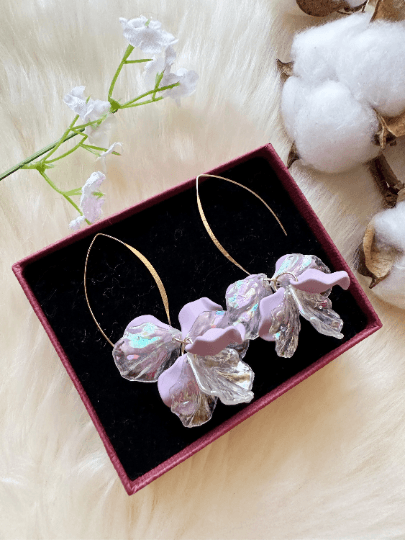 Iridescent petals earrings | frosted pink or blue golden hook flower earrings | bridal party wedding earrings - TuttyKnitty