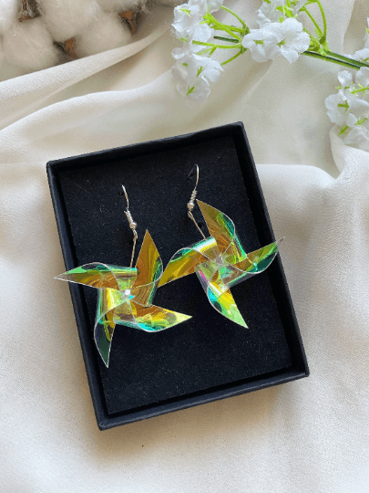 Iridescent windmill earrings | transparent hologram pinwheel kawaii dangle earrings | pop art aesthetic y2k fun drop earrings - TuttyKnitty