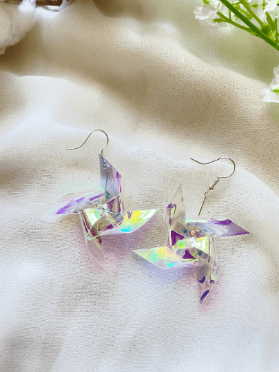 Iridescent windmill earrings | transparent hologram pinwheel kawaii dangle earrings | pop art aesthetic y2k fun drop earrings - TuttyKnitty