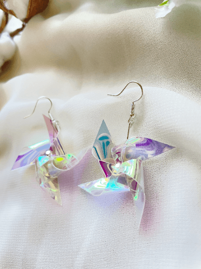 Iridescent windmill earrings | transparent hologram pinwheel kawaii dangle earrings | pop art aesthetic y2k fun drop earrings - TuttyKnitty