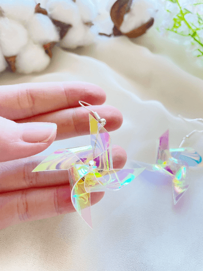 Iridescent windmill earrings | transparent hologram pinwheel kawaii dangle earrings | pop art aesthetic y2k fun drop earrings - TuttyKnitty