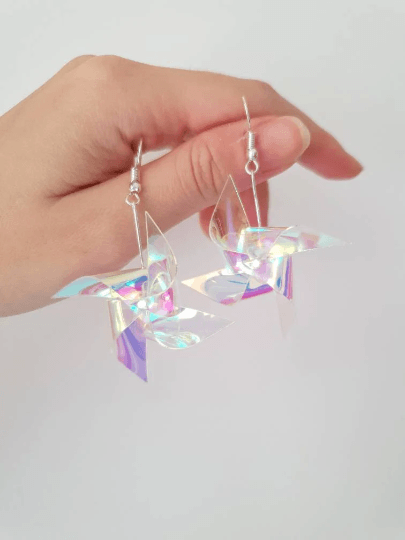 Iridescent windmill earrings | transparent hologram pinwheel kawaii dangle earrings | pop art aesthetic y2k fun drop earrings - TuttyKnitty