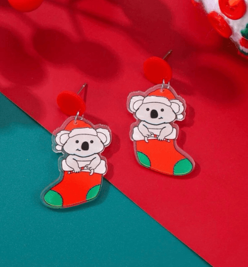 Koala christmas earrings| christmas festival earrings | retro pop art fun lightweight earrings | party earrings - TuttyKnitty