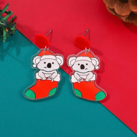 Koala christmas earrings| christmas festival earrings | retro pop art fun lightweight earrings | party earrings - TuttyKnitty