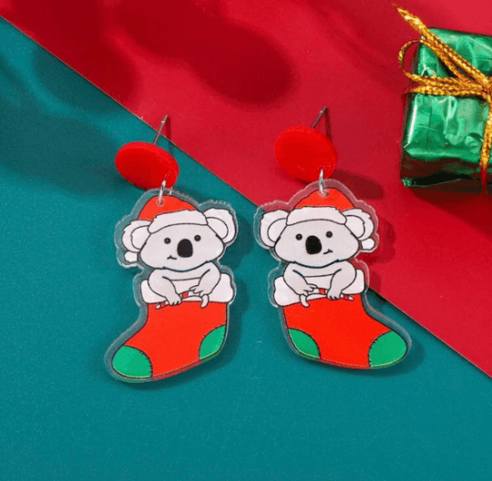 Koala christmas earrings| christmas festival earrings | retro pop art fun lightweight earrings | party earrings - TuttyKnitty