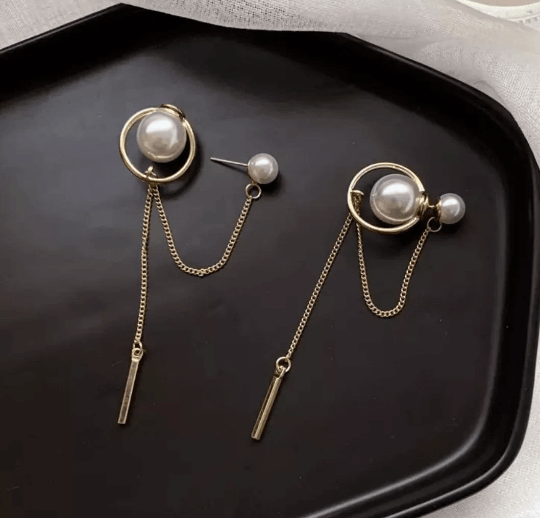 Large pearl stud earrings with golden chain and bar | tassel chains drop earrings | modern retro earrings | Korean style earrings - TuttyKnitty