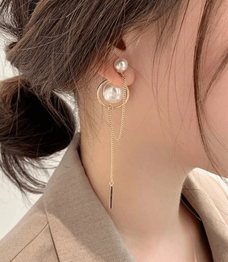 Large pearl stud earrings with golden chain and bar | tassel chains drop earrings | modern retro earrings | Korean style earrings - TuttyKnitty