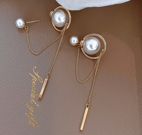 Large pearl stud earrings with golden chain and bar | tassel chains drop earrings | modern retro earrings | Korean style earrings - TuttyKnitty