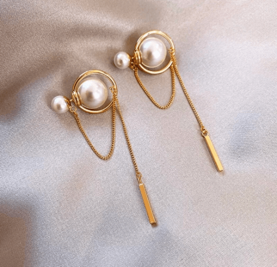 Large pearl stud earrings with golden chain and bar | tassel chains drop earrings | modern retro earrings | Korean style earrings - TuttyKnitty