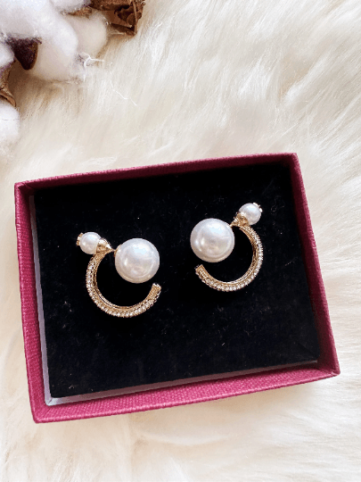 Large pearl stud earrings with golden hoop and rhinestone | tassel chains drop earrings | modern retro earrings | Korean style earrings - TuttyKnitty