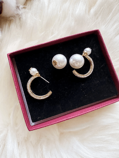 Large pearl stud earrings with golden hoop and rhinestone | tassel chains drop earrings | modern retro earrings | Korean style earrings - TuttyKnitty