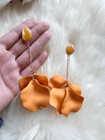 Light orange matte flower earrings | dangle petals statement earrings | unique golden bar floral earrings | bridal party wedding earrings - TuttyKnitty