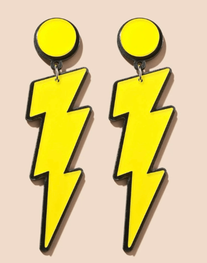 Lightning thunder oversize earrings | Pop retro art earrings | aesthetic yellow acetate earrings | glitter sparkles party earrings - TuttyKnitty