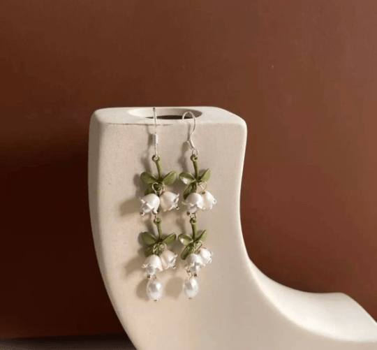 Lily of the valley flowers dangle earrings | texture petals embossed pearl | minimalist earrings | matte pastel colour floral earrings - TuttyKnitty