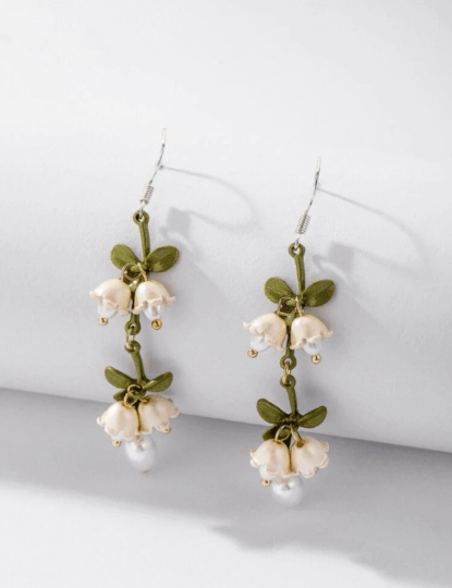 Lily of the valley flowers dangle earrings | texture petals embossed pearl | minimalist earrings | matte pastel colour floral earrings - TuttyKnitty