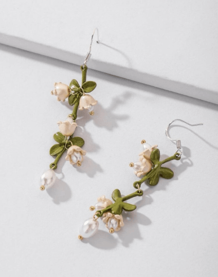 Lily of the valley flowers dangle earrings | texture petals embossed pearl | minimalist earrings | matte pastel colour floral earrings - TuttyKnitty