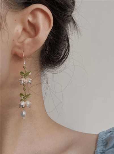 Lily of the valley flowers dangle earrings | texture petals embossed pearl | minimalist earrings | matte pastel colour floral earrings - TuttyKnitty