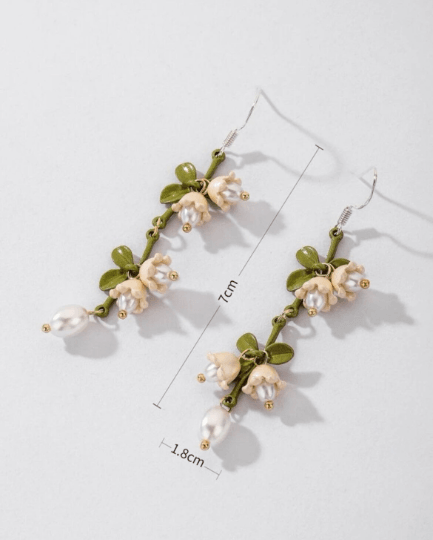 Lily of the valley flowers dangle earrings | texture petals embossed pearl | minimalist earrings | matte pastel colour floral earrings - TuttyKnitty