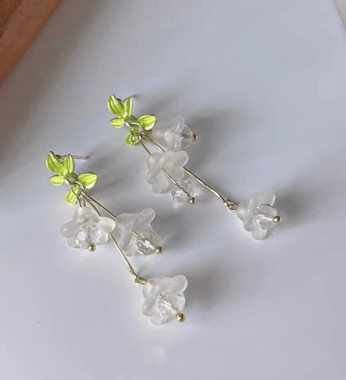 Lily of the valley petal earrings |Kawaii cute fun earrings | korean art colourful foral dangle |white or pink flower bridal earrings - TuttyKnitty