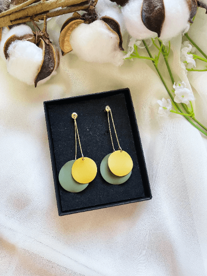 Matte Pastel tone metal geometric earrings | art abstract earrings | double disc abstract shaped earrings | dangly stud statement earrings - TuttyKnitty