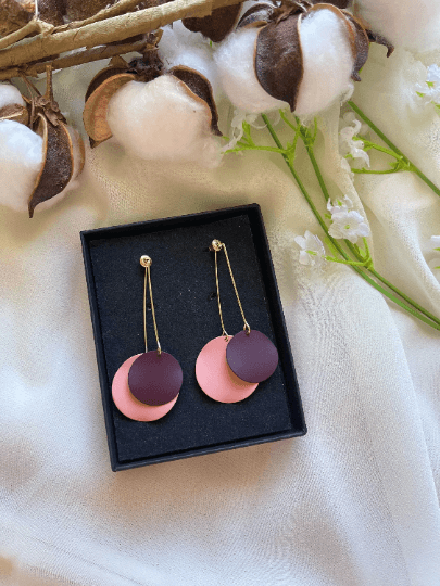 Matte Pastel tone metal geometric earrings | art abstract earrings | double disc abstract shaped earrings | dangly stud statement earrings - TuttyKnitty