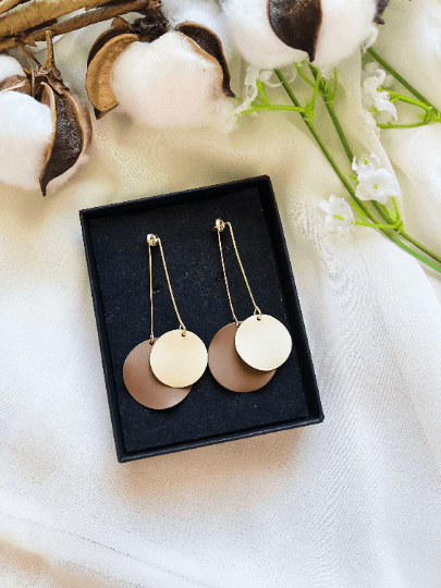 Matte Pastel tone metal geometric earrings | art abstract earrings | double disc abstract shaped earrings | dangly stud statement earrings - TuttyKnitty