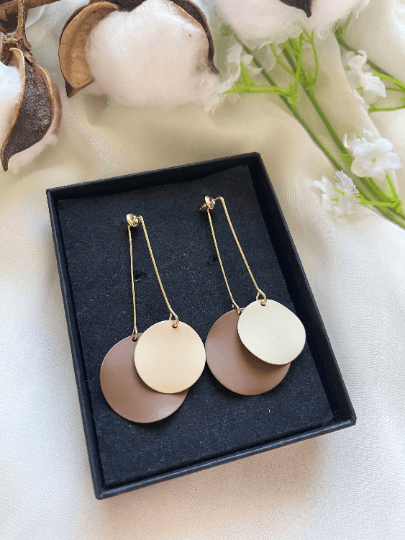 Matte Pastel tone metal geometric earrings | art abstract earrings | double disc abstract shaped earrings | dangly stud statement earrings - TuttyKnitty