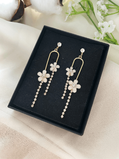 Mini daisy flowers dangle earrings | pearlescent petals resin stones | minimalist iridescent gold floral earrings | bridal party wedding - TuttyKnitty