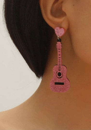 Musical instrument earrings | glitter pink guitar earrings | funky pop art earrings | acrylic art oversize earrings | quirky fun - TuttyKnitty