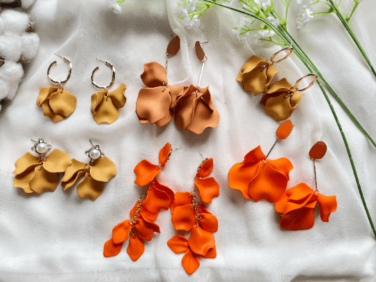 Mustard brown autumn flower earrings | dangle petal lightweight earrings | golden disc hanging earrings | bridal party wedding earrings - TuttyKnitty