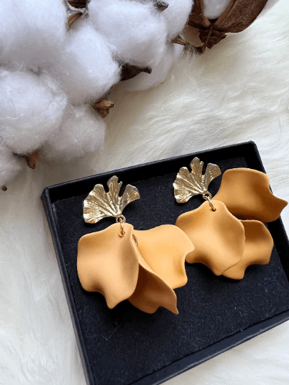 Mustard brown autumn flower earrings | dangle petal lightweight earrings | golden ginkgo leaf earrings | bridal party wedding earrings - TuttyKnitty