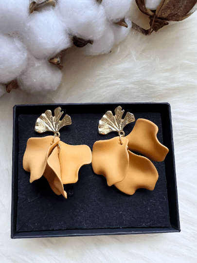 Mustard brown autumn flower earrings | dangle petal lightweight earrings | golden ginkgo leaf earrings | bridal party wedding earrings - TuttyKnitty