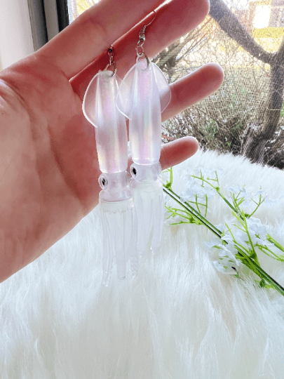 Oversized squid earrings | funny quirky art earrings | colourful clear translucent dangle earrings | hologram fun earrings | halloween party - TuttyKnitty