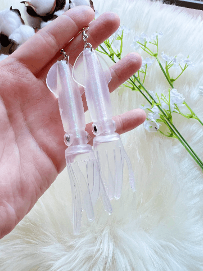 Oversized squid earrings | funny quirky art earrings | colourful clear translucent dangle earrings | hologram fun earrings | halloween party - TuttyKnitty