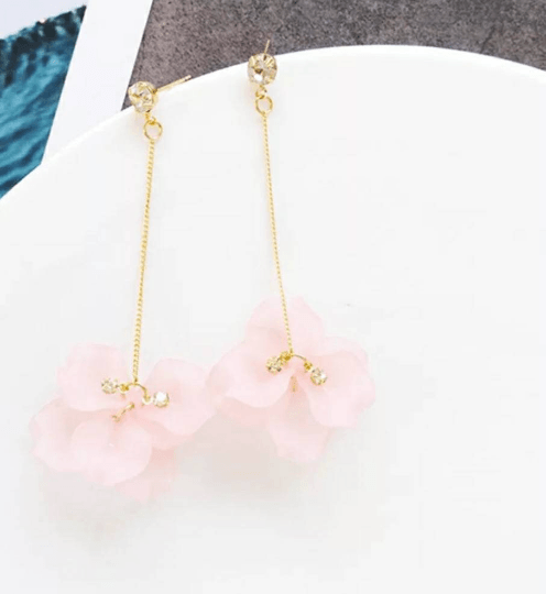 Pearl floral shell petals |Kawaii cute fun chain earrings | korean art dangle earrings | frosted bar charm statement earrings - TuttyKnitty