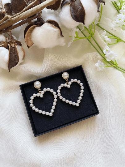 Pearl heart earrings | heart hoop earrings | golden dangle earrings | pearl white drop earrings | Korean earrings| valentine gift - TuttyKnitty