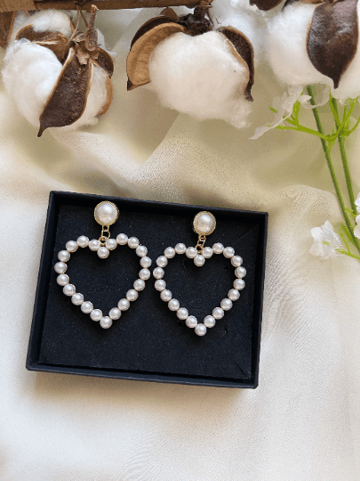 Pearl heart earrings | heart hoop earrings | golden dangle earrings | pearl white drop earrings | Korean earrings| valentine gift - TuttyKnitty