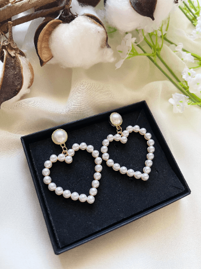 Pearl heart earrings | heart hoop earrings | golden dangle earrings | pearl white drop earrings | Korean earrings| valentine gift - TuttyKnitty