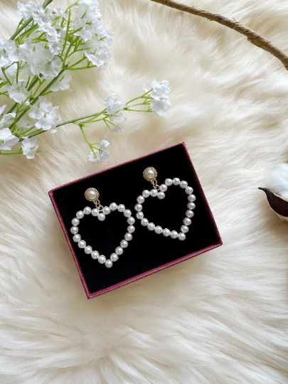 Pearl heart earrings | heart hoop earrings | golden dangle earrings | pearl white drop earrings | Korean earrings| valentine gift - TuttyKnitty