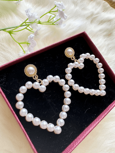 Pearl heart earrings | heart hoop earrings | golden dangle earrings | pearl white drop earrings | Korean earrings| valentine gift - TuttyKnitty