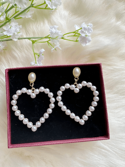 Pearl heart earrings | heart hoop earrings | golden dangle earrings | pearl white drop earrings | Korean earrings| valentine gift - TuttyKnitty