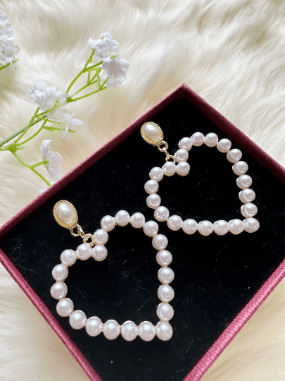 Pearl heart earrings | heart hoop earrings | golden dangle earrings | pearl white drop earrings | Korean earrings| valentine gift - TuttyKnitty