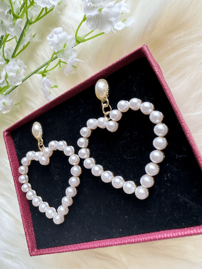 Pearl heart earrings | heart hoop earrings | golden dangle earrings | pearl white drop earrings | Korean earrings| valentine gift - TuttyKnitty