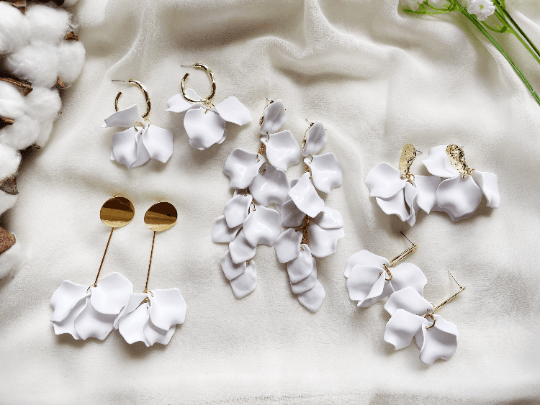 Pearl White flower petal earrings |cute fun flower earrings | pearlescent dangle earrings | unique flower bridal party wedding earrings - TuttyKnitty