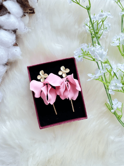 Pink flower earrings |dangly earrings | frosted petals hoop statement earrings | golden disc geometric floral bridal earrings - TuttyKnitty