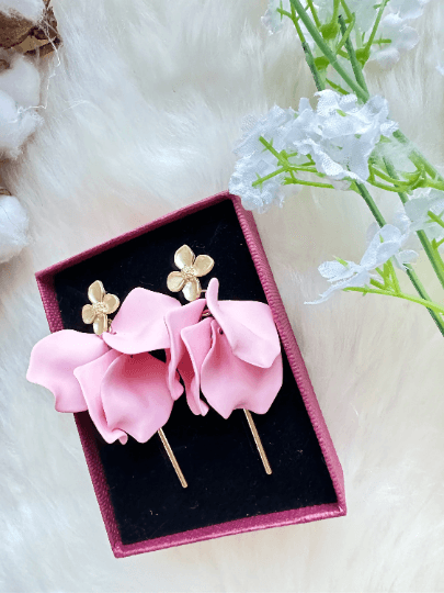 Pink flower earrings |dangly earrings | frosted petals hoop statement earrings | golden disc geometric floral bridal earrings - TuttyKnitty