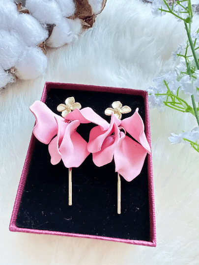 Pink flower earrings |dangly earrings | frosted petals hoop statement earrings | golden disc geometric floral bridal earrings - TuttyKnitty