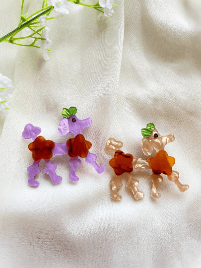 Poodle dog acetate brooch | glitter colourful cloth pin | shinny bright oversize pin for casual wear | chic pop kawaii - TuttyKnitty